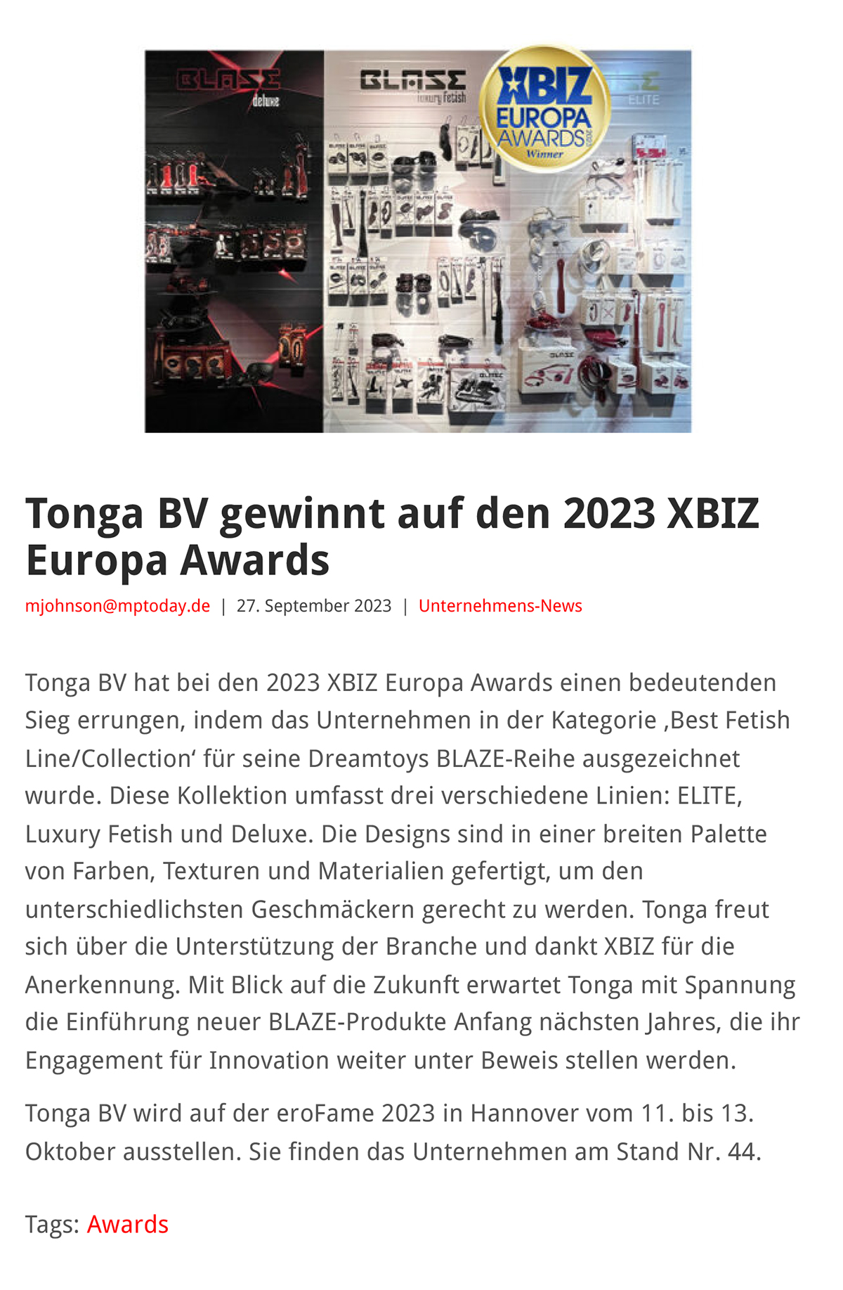 2023-09 eLine Online - Tonga BV gewinnt auf den 2023 XBIZ Europa Awards